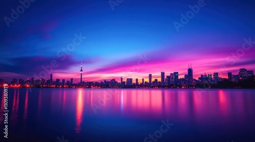 A stunning city skyline at dusk, with colorful reflections on calm water and vibrant clouds creating a tranquil atmosphere.