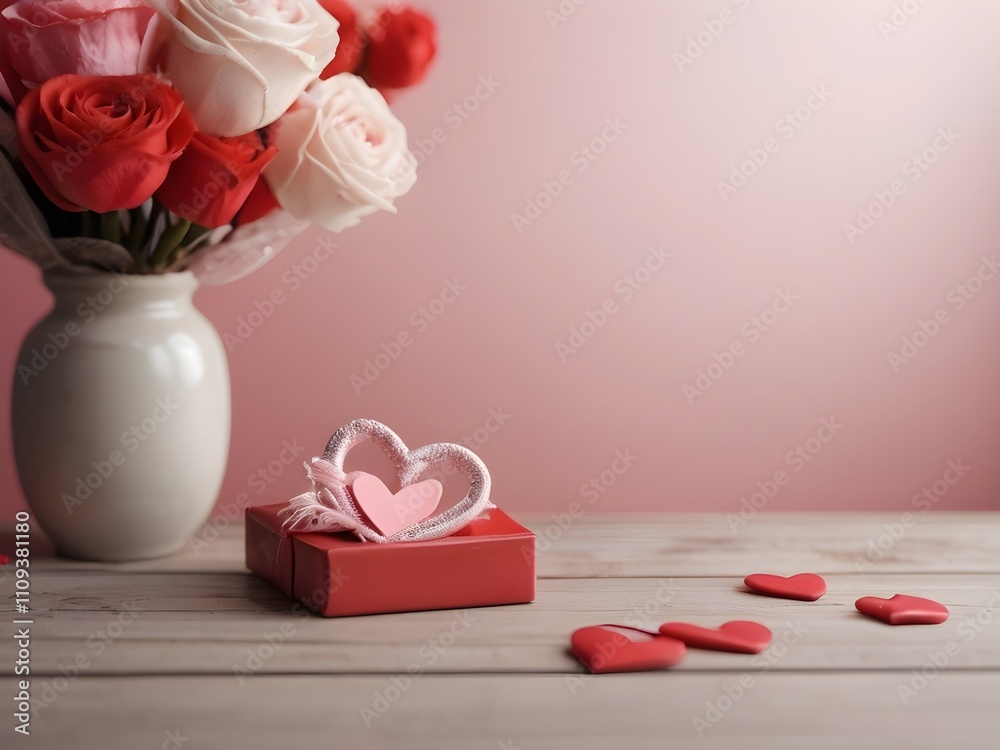 pink roses and box on wooden table pink roses and box on wooden table