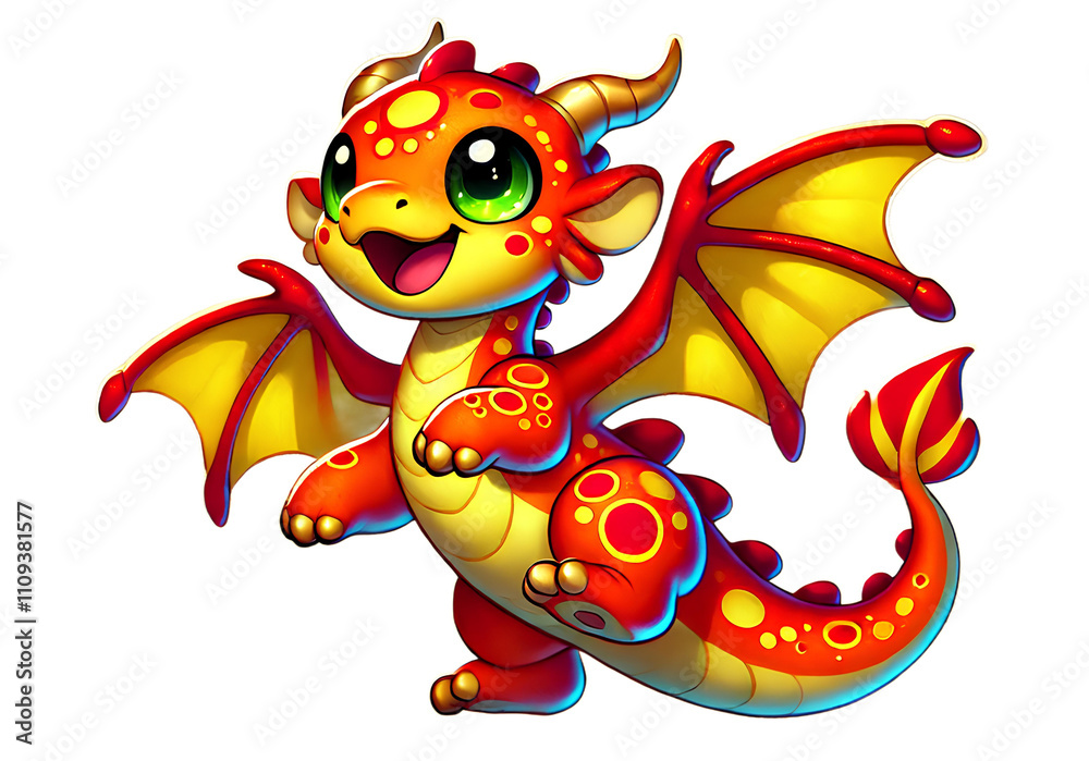 Obraz premium A vibrant baby dragon with red scales, yellow wings, and cheerful green eyes, smiling playfully.