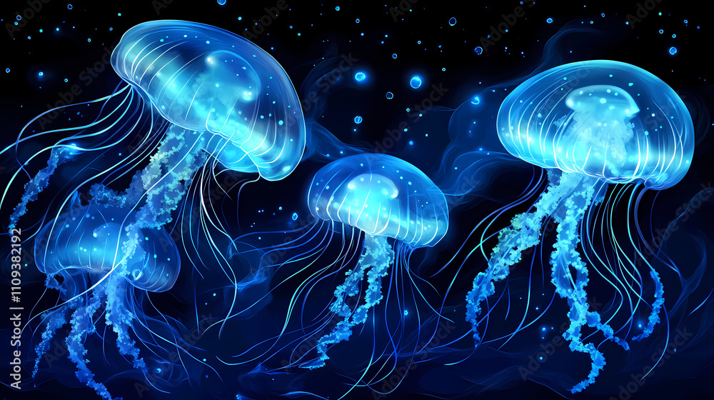 Mysterious surreal underwater world of glowing jellyfish and bioluminescent fish swimming amidst dark misty abyssal landscape. Abyssal. Illustration Mysterious surreal underwater world of glowing jellyfish and bioluminescent fish swimming amidst dark misty abyssal landscape. Abyssal. Illustration