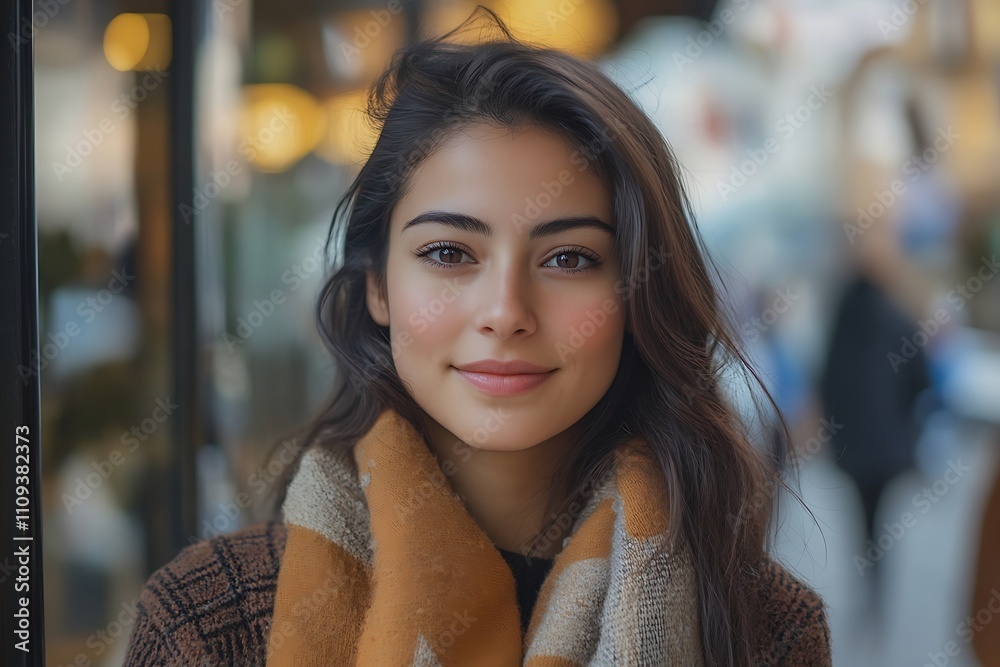 Golden Hour Street Portrait Happy Woman in Warm Scarf Golden Hour Street Portrait Happy Woman in Warm Scarf