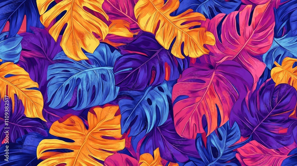 Seamless pattern featuring vibrant tropical monstera leaves in a botanical style perfect for home decor or fashion design Seamless pattern featuring vibrant tropical monstera leaves in a botanical style perfect for home decor or fashion design