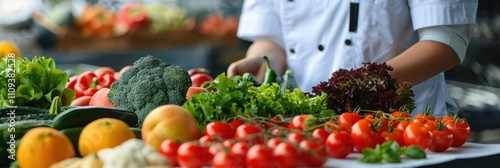 A chef selects fresh vegetables and fruits at a vibrant market stand, showcasing a variety of colors and textures. photo