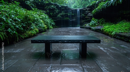 Rustic stone bench near a bubbling brook in a tranquil garden photo