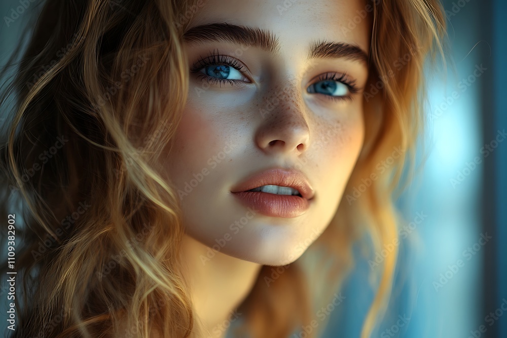 Golden Hour Woman Freckles, Bokeh Lights, Gentle Expression Golden Hour Woman Freckles, Bokeh Lights, Gentle Expression