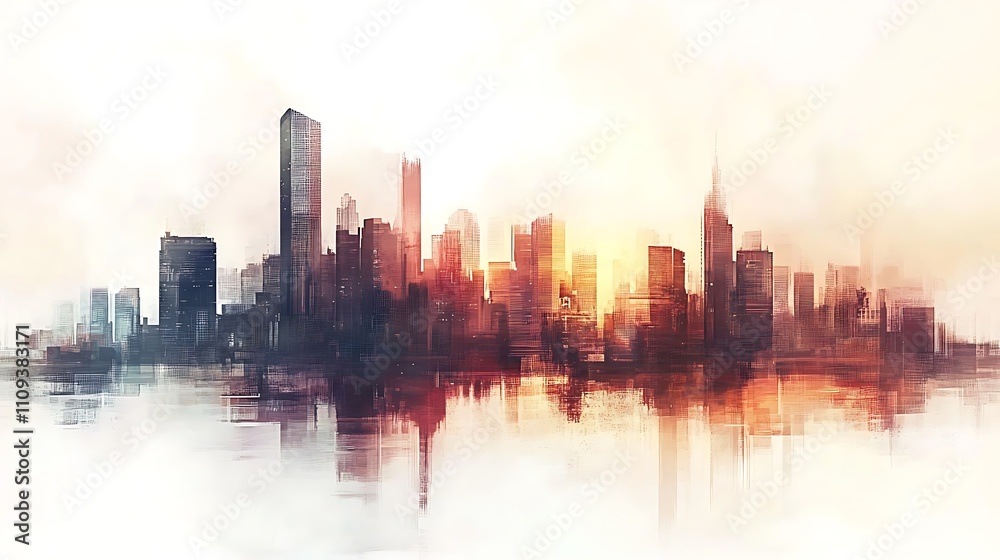 Fototapeta premium City skyline at sunrise, warm colors reflecting on water.