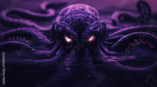 Purple tentacled entity with glowing eyes rising from dark waters. Abyssal. Illustration