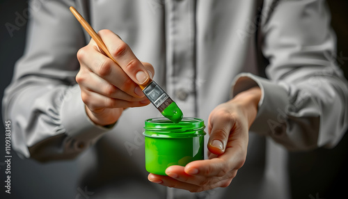 Close Up of Male Hands Opening Green Paint Pot and Dipping Flat Brush Getting Ready to Paint Model isolated highlighted by white, png photo