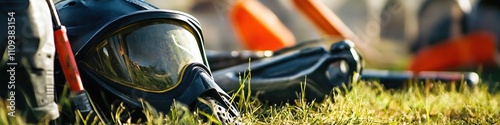 Paintball equipment on grass showcasing masks and guns at sunset. photo