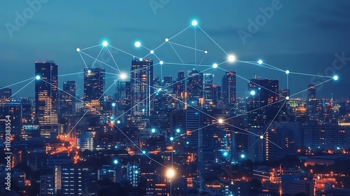 Night cityscape with glowing network connections.