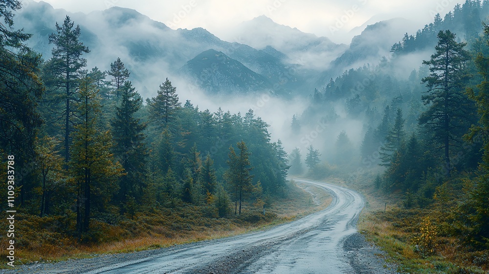 Foggy mountain road with mist rolling down through pine trees in a serene landscape Foggy mountain road with mist rolling down through pine trees in a serene landscape