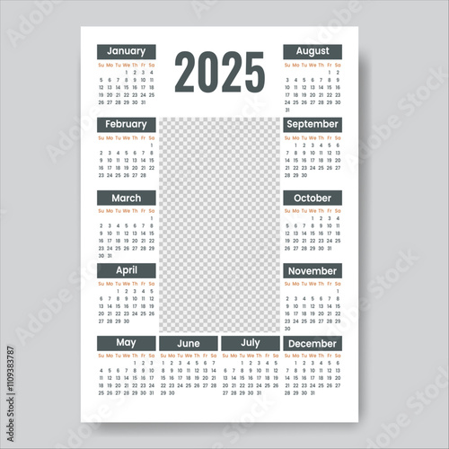 2025 New Year Full Page Calendar Design Starts On Sunday Vertical Format A4