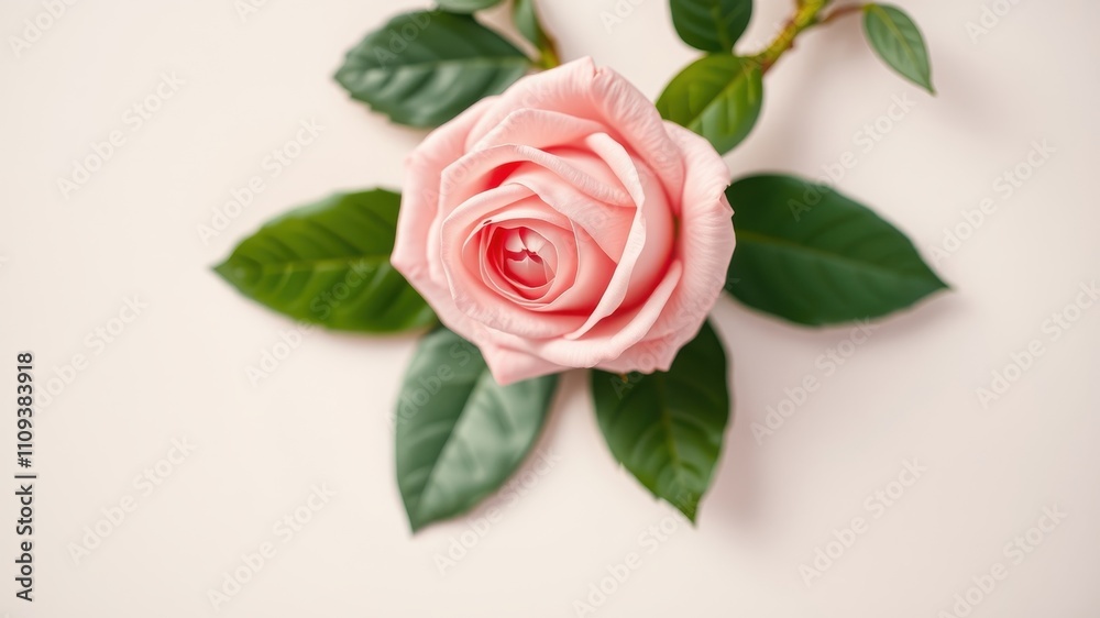 Fototapeta premium A delicate pink rose with soft petals and vibrant green leaves on a white background