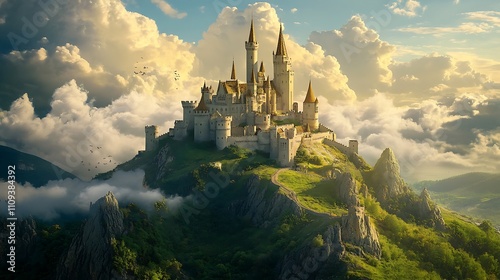Majestic castle perched atop a mountain, enveloped in dreamy clouds.