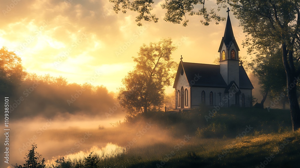 Fototapeta premium Serene sunrise over a church by the lake. Golden hour light bathes the tranquil scene.