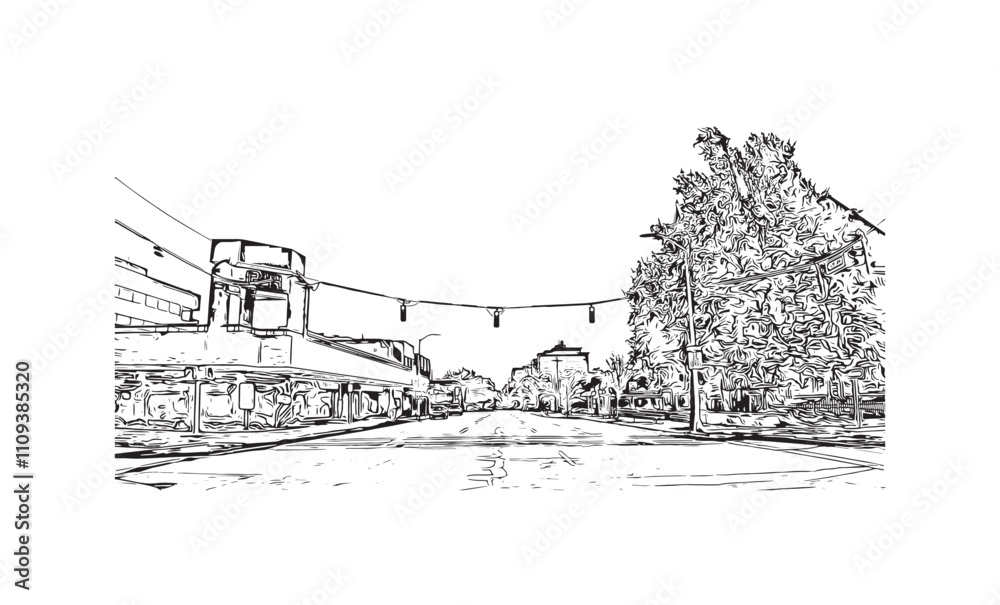 Print Building view with landmark of Vancouver is the city in USA. Hand drawn sketch illustration in vector.