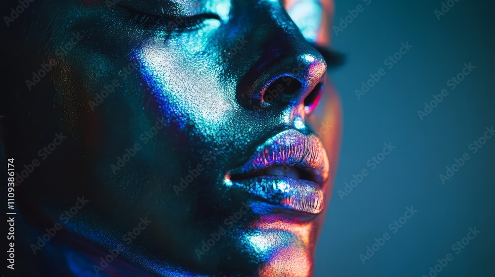 Close-up of iridescent face, colorful makeup.
