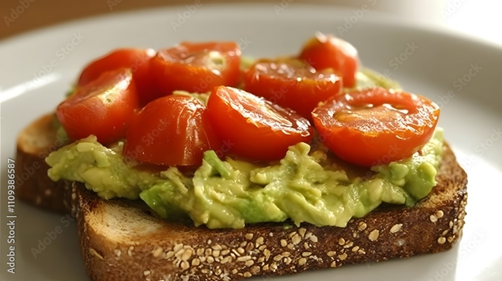 Whole grain toast topped with smashed avocado and cherry tomatoes, brain boosting breakfast, simple and healthy Whole grain toast topped with smashed avocado and cherry tomatoes, brain boosting breakfast, simple and healthy