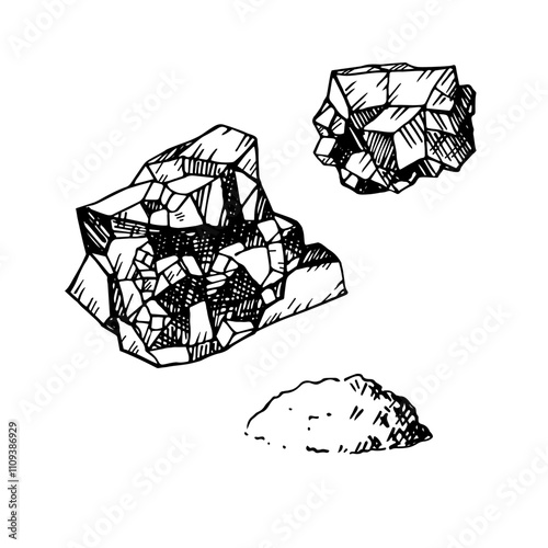 Vector engraved illustration of mineral Salt and handful of table salt. Hand drawn Halite, natural element, culinary spice, food ingredient for soda, chlorine. For label, logo, card, print, paper
