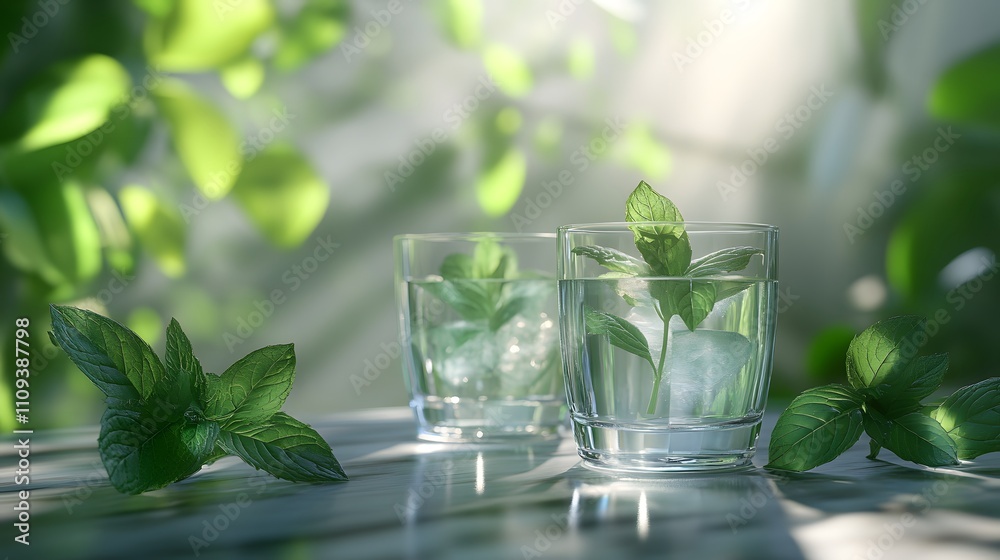 Refreshing beverage with mint, served in clear glasses, perfect for a vibrant summer day or a relaxing drink Refreshing beverage with mint, served in clear glasses, perfect for a vibrant summer day or a relaxing drink