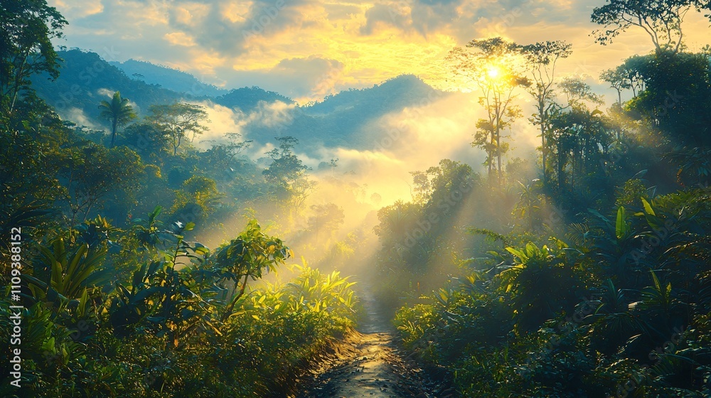 Fototapeta premium Sunlight filters through the jungle canopy in a misty morning landscape