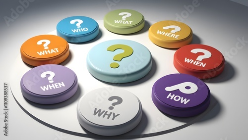 Isolated colored buttons with Question mark with question -Who What Where When Why How- Solve the questions. Problem solving. Investigation and research.