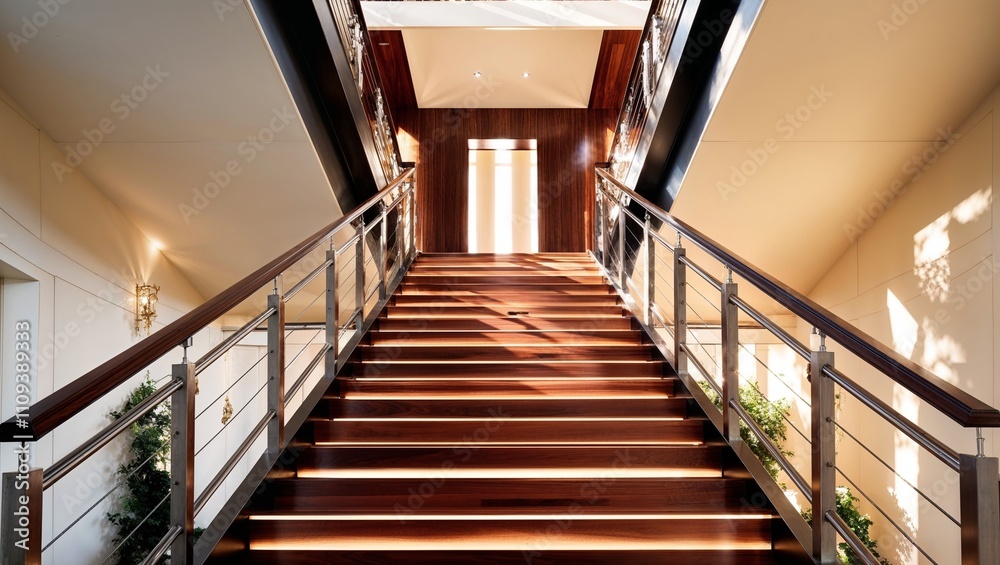Fototapeta premium A beautifully designed staircase bathed in natural light and elegance.