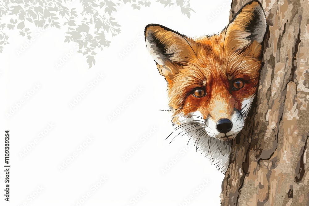 Obraz premium A fox peeks from behind a tree, showcasing its vibrant fur and curious expression.