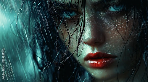 Dark fantasy portrait with intense expression in heavy downpour at night photo