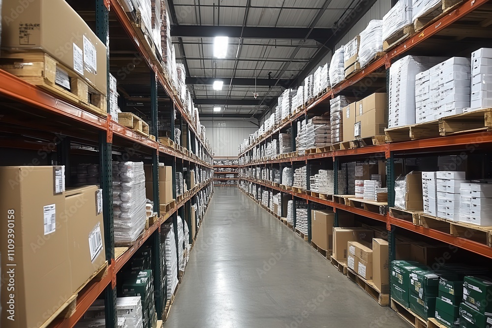 Organized Warehouse Aisle with Warm Lighting Organized Warehouse Aisle with Warm Lighting