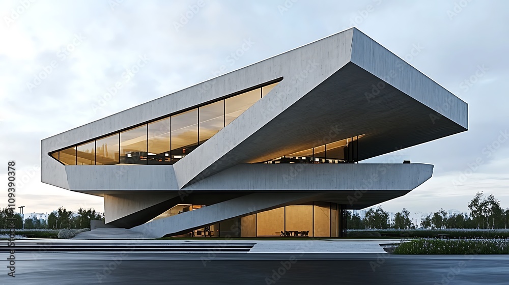 Fototapeta premium Modern concrete building with sharp angles and large windows. The building is illuminated from within, creating a warm contrast against the cool exterior.