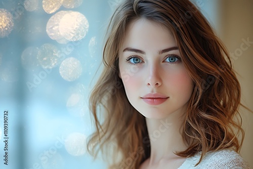 Peaceful Brunette with Shoulder Length Wavy Hair Soft Focus photo