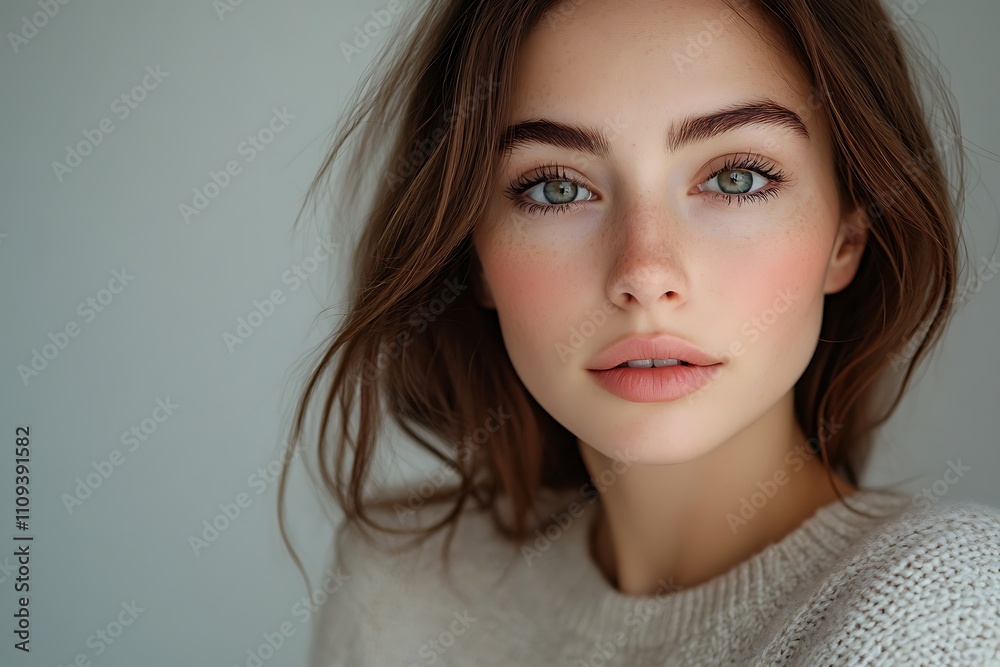 Peaceful Girl Portrait Soft Lighting, Knitted Sweater, Blush Peaceful Girl Portrait Soft Lighting, Knitted Sweater, Blush