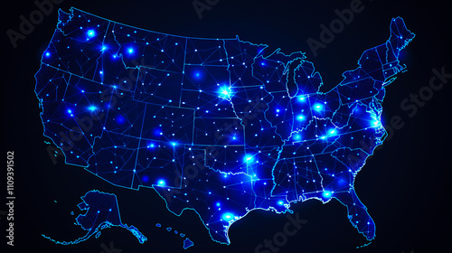 A digital map of the USA created with glowing blue lines, symbolizing technology, communication, and innovation across the nation.