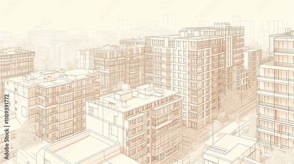 A meticulous architectural line sketch of urban buildings, showing detailed structures and city planning in a beige tone. Ideal for urban design themes. AI generated. A meticulous architectural line sketch of urban buildings, showing detailed structures and city planning in a beige tone. Ideal for urban design themes. AI generated.