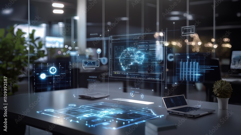 Obraz premium A futuristic IT lab featuring branded servers, augmented reality headsets,