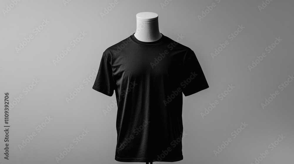 Minimalist black t-shirt on mannequin against gray background. Design template, print presentation mockup, empty