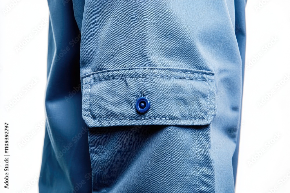 Close-up of blue fabric with buttoned pocket on sleeve. Design template, print presentation mockup, empty Close-up of blue fabric with buttoned pocket on sleeve. Design template, print presentation mockup, empty