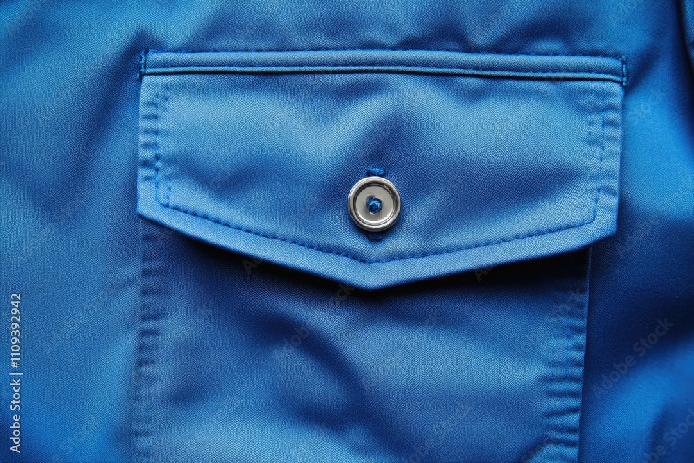 Close-up of blue jacket pocket with button detail in vibrant fashion design. Design template, print presentation mockup, empty Close-up of blue jacket pocket with button detail in vibrant fashion design. Design template, print presentation mockup, empty