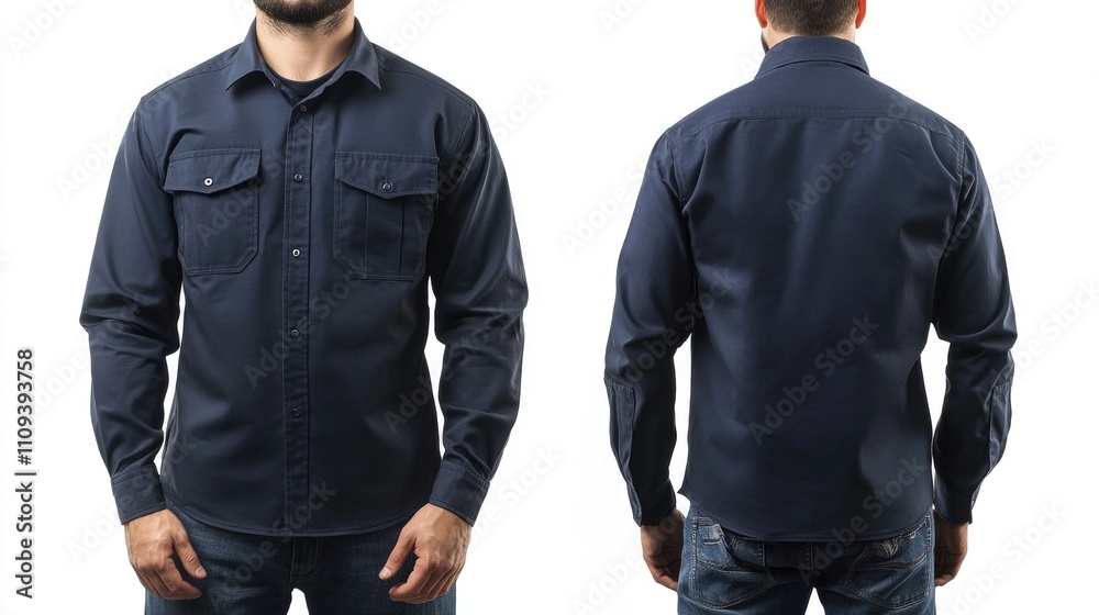 Classic navy blue shirt displayed from front and back angles on model. Design template, print presentation mockup, empty Classic navy blue shirt displayed from front and back angles on model. Design template, print presentation mockup, empty