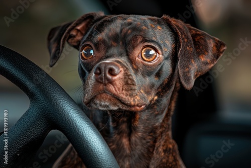 Road trip with my furry friend: Adult driving vehicle with loyal dog as copilot photo