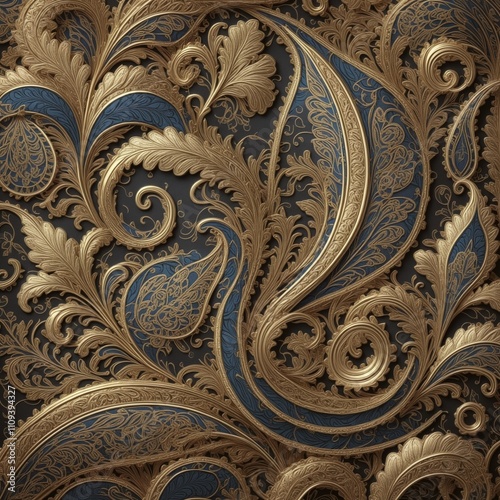 Luxurious Paisley Background with Gold and Blue Metallic Details1