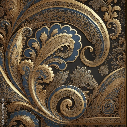 Luxurious Paisley Background with Gold and Blue Metallic Details