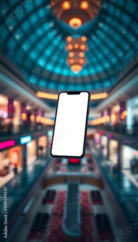 Wallpaper Mural This versatile mockup showcases a floating smartphone with a blank screen, set against the backdrop of a bustling shopping mall. The blurred background of shops, escalators, and a domed ceiling create Torontodigital.ca