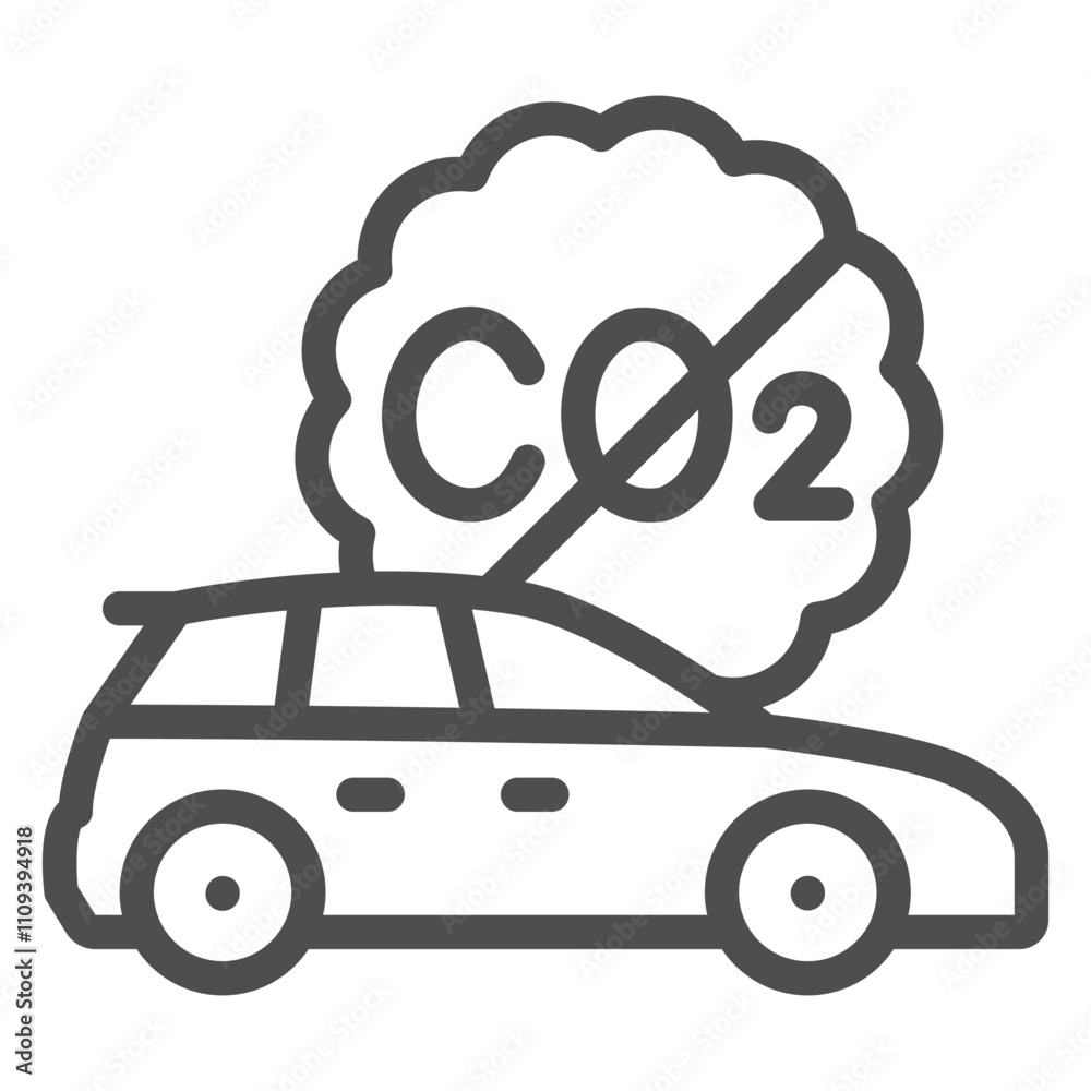 Ecological car line icon, electric car concept. Vector graphics. No carbon dioxide emission sign on white background, outline style icon for mobile or web design. Ecological car line icon, electric car concept. Vector graphics. No carbon dioxide emission sign on white background, outline style icon for mobile or web design.