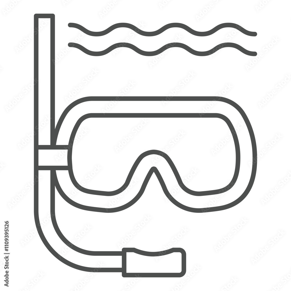 Mask and snorkel for diving water thin line icon, eco tourism concept. Vector graphics. Underwater diving sign on white background, outline style icon for mobile or web design. Mask and snorkel for diving water thin line icon, eco tourism concept. Vector graphics. Underwater diving sign on white background, outline style icon for mobile or web design.