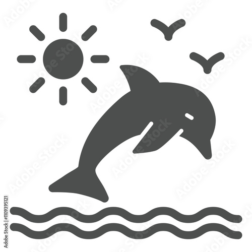 Dolphin jump out of water solid icon, eco tourism concept. Vector graphics. Sunny sea with dolphin sign on white background, glyph style icon for mobile or web design.