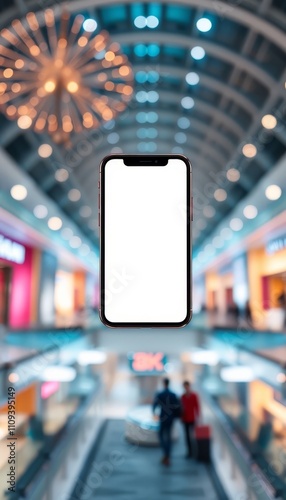 Wallpaper Mural This versatile mockup showcases a floating smartphone with a blank screen, set against the backdrop of a bustling shopping mall. The blurred background of shops, escalators, and a domed ceiling create Torontodigital.ca