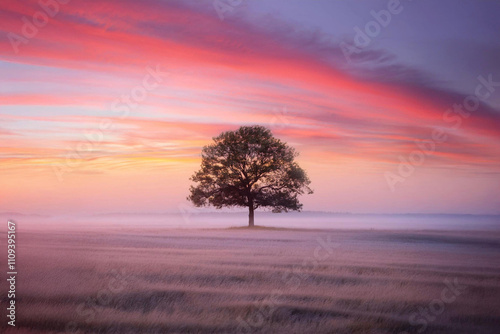 A minimalist landscape featuring a single tree in the center of a vast field at sunrise. Soft pastel tones of pink, orange, and purple blend into the sky, creating a tranquil and serene scene.