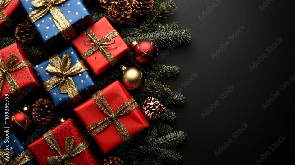 A black background with a Christmas tree and presents